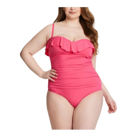 Bleu by Rod Beattie Shirred Ruffle Bandeau One-Piece Swimsuit in Rose Red NWT - Picture 1 of 5